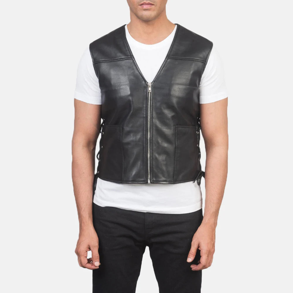 Brandon Black Leather Vest for Men | Premium Genuine Leather Biker Vest