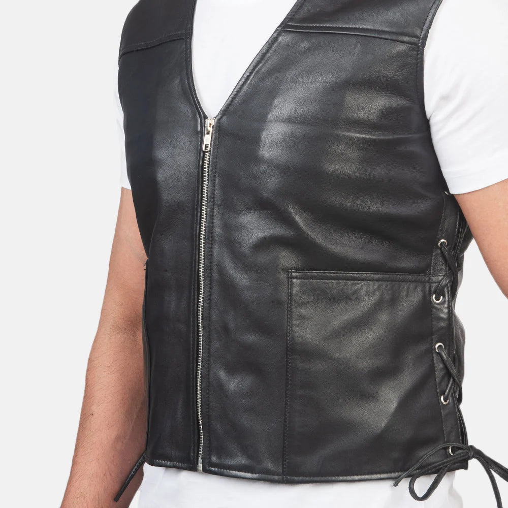 Brandon Black Leather Vest for Men | Premium Genuine Leather Biker Vest