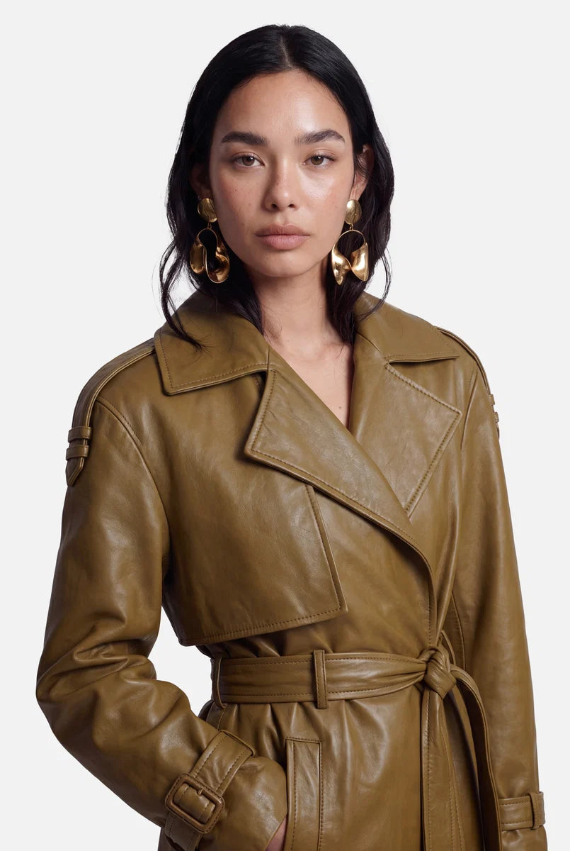 Elegant Leather Trench Coat | Long Belted Outerwear