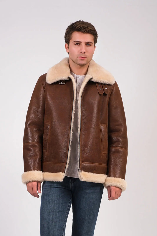 Men's Leather Shearling Aviator Jacket | Premium Genuine Leather Flight Jacket