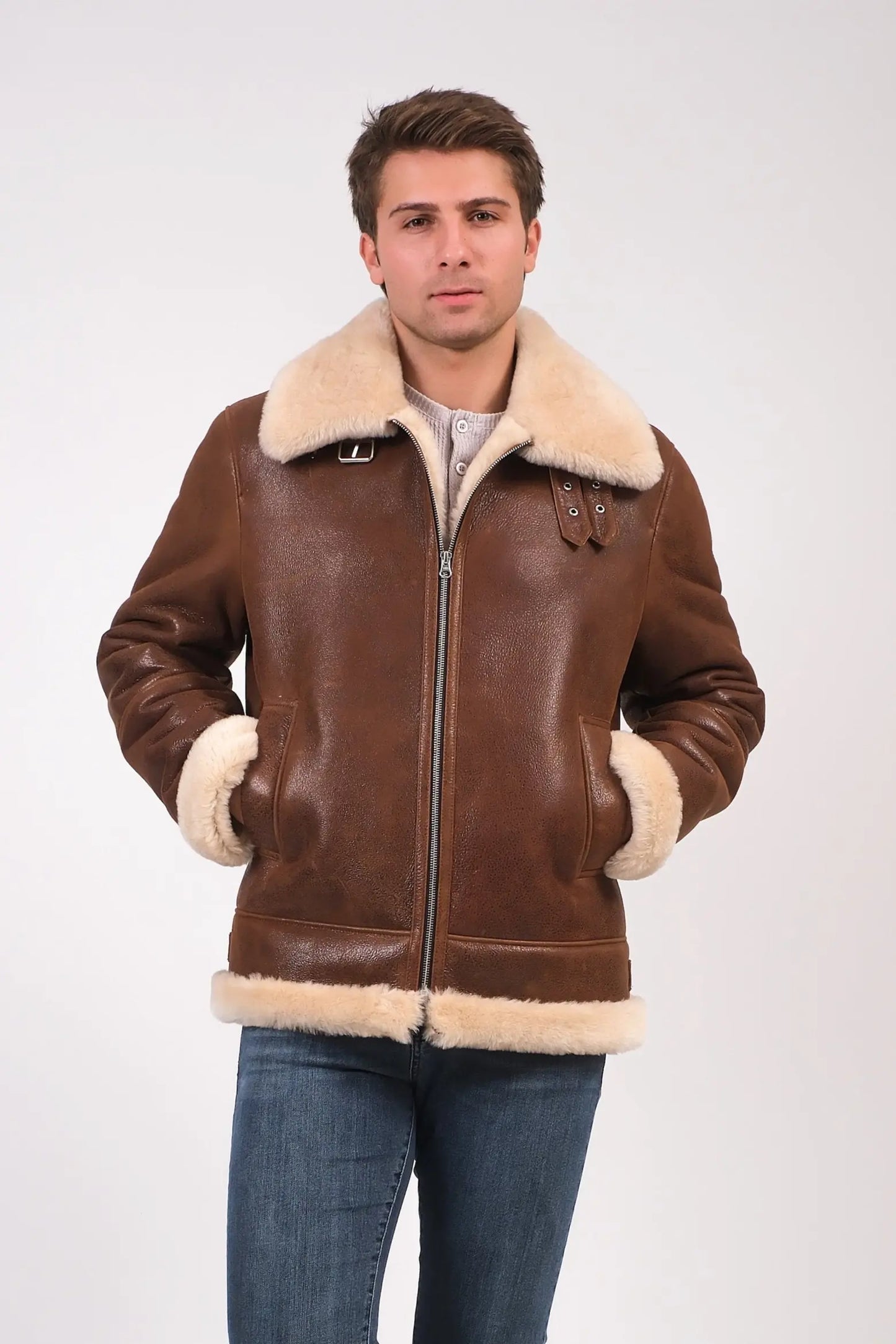 Men's Leather Shearling Aviator Jacket | Premium Genuine Leather Flight Jacket