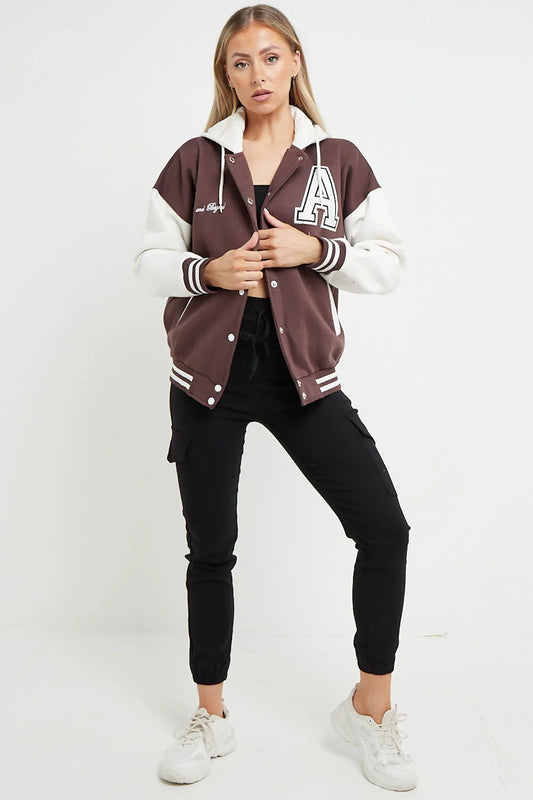 Chocolate Contrast Sleeve Hooded Varsity Jacket | Premium Wool & Leather Letterman Jacket