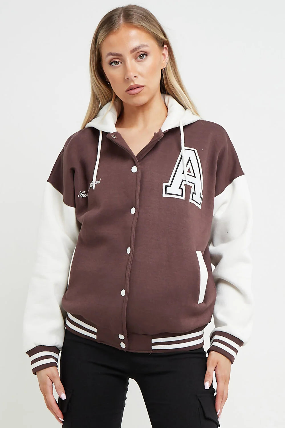 Chocolate Contrast Sleeve Hooded Varsity Jacket | Premium Wool & Faux Leather Letterman Jacket