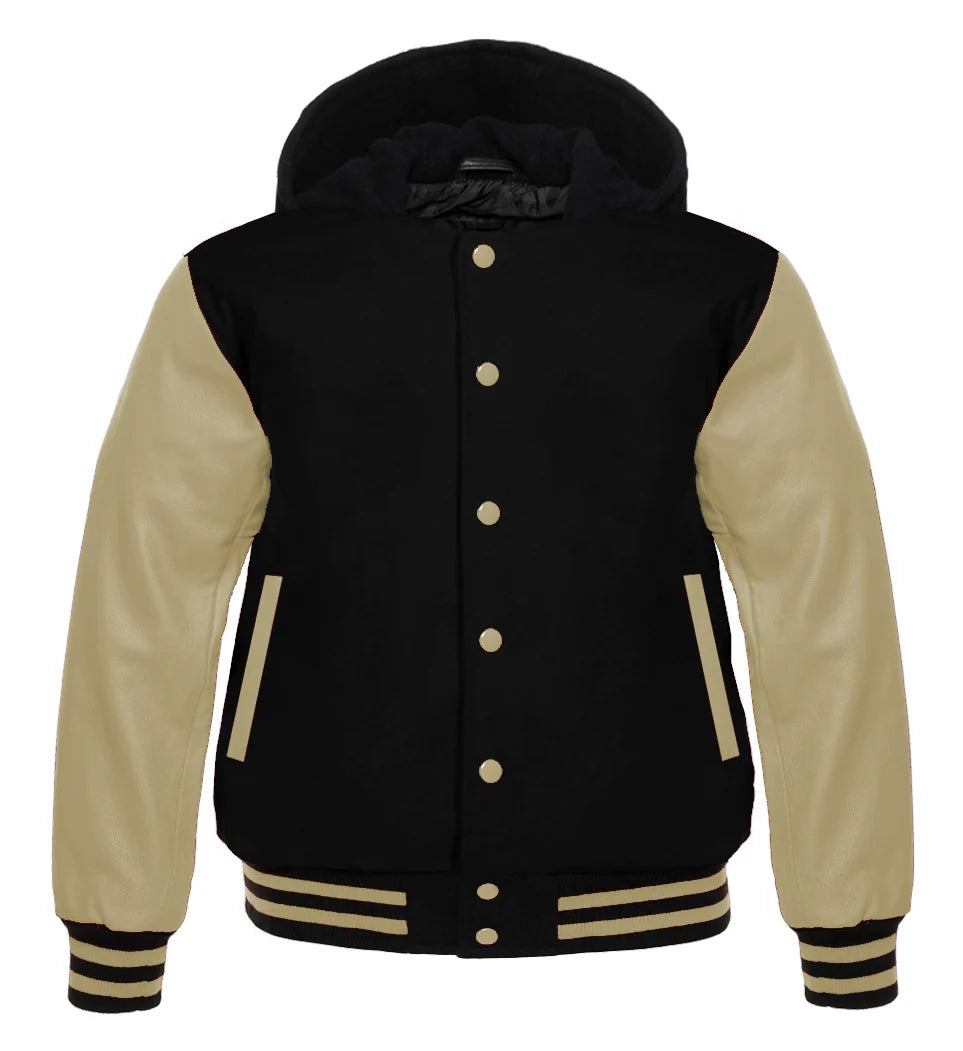 Black Hooded Varsity Letterman Baseball Jacket with Cream Genuine Leather Sleeves for Men | Premium Wool Blend (Copy) (Copy) (Copy) (Copy)