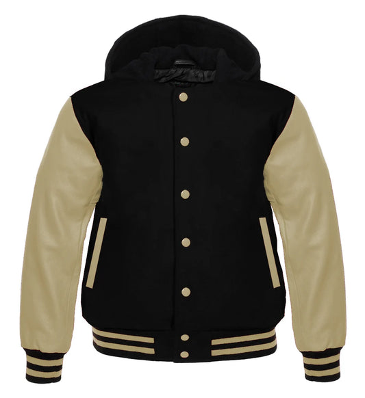 Black Hooded Varsity Letterman Baseball Jacket with Cream Genuine Leather Sleeves for Men | Premium Wool Blend