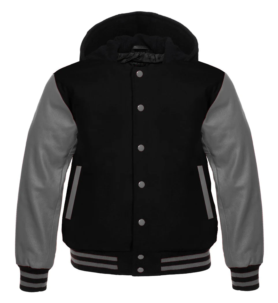 Black Hooded Varsity Letterman Baseball Jacket with Gray Genuine Leather Sleeves for Men | Premium Wool Blend (Copy) (Copy) (Copy)