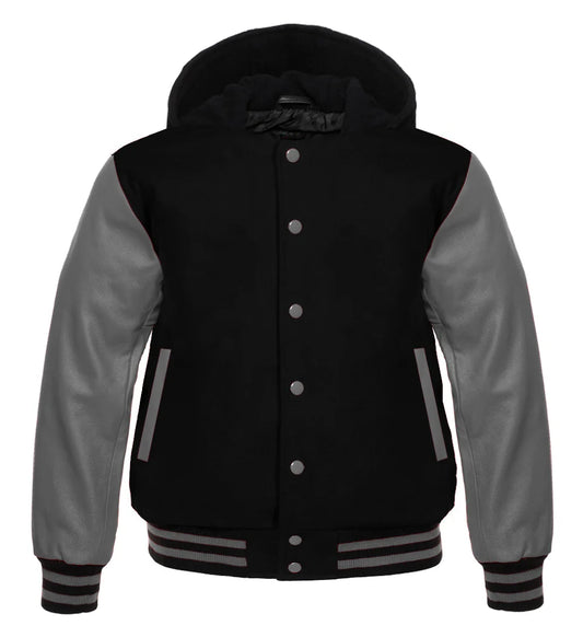 Black Hooded Varsity Letterman Baseball Jacket with Gray Genuine Leather Sleeves for Men | Premium Wool Blend