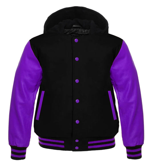 Black Hooded Varsity Letterman Baseball Jacket with Purple Genuine Leather Sleeves for Men | Premium Wool Blend