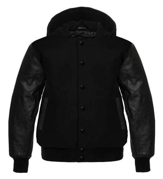 Black Hooded Varsity Letterman Baseball Jacket with Black Genuine Leather Sleeves for Men | Premium Wool Blend