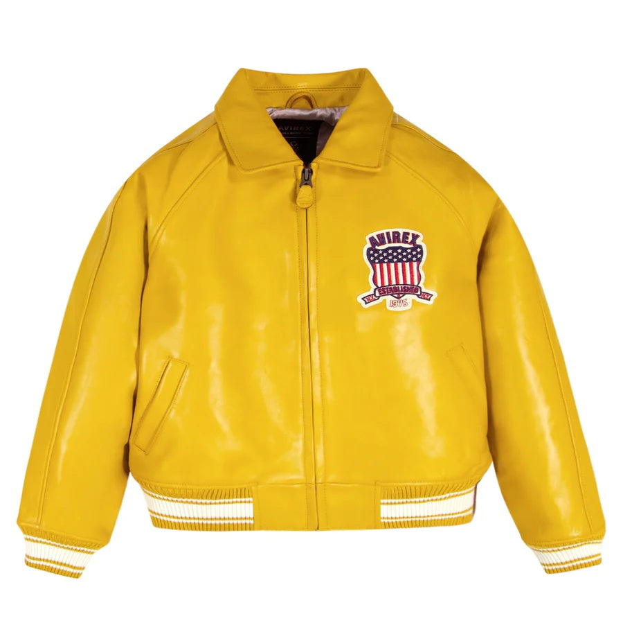 Avirex-Inspired Yellow Leather Varsity Jacket for Men | Premium Genuine Leather Bomber Jacket