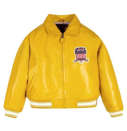 Avirex-Inspired Yellow Leather Varsity Jacket for Men | Premium Genuine Leather Bomber Jacket