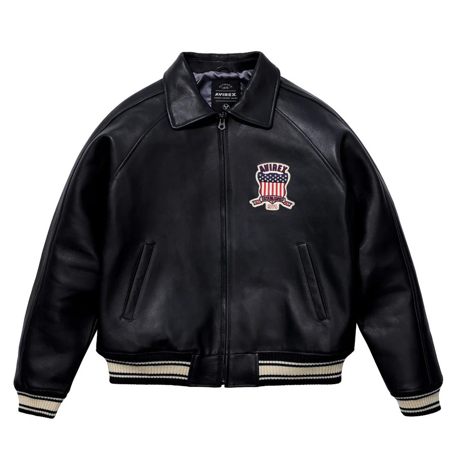 Avirex-Inspired Black Leather Varsity Jacket | Premium Genuine Leather Bomber Jacket