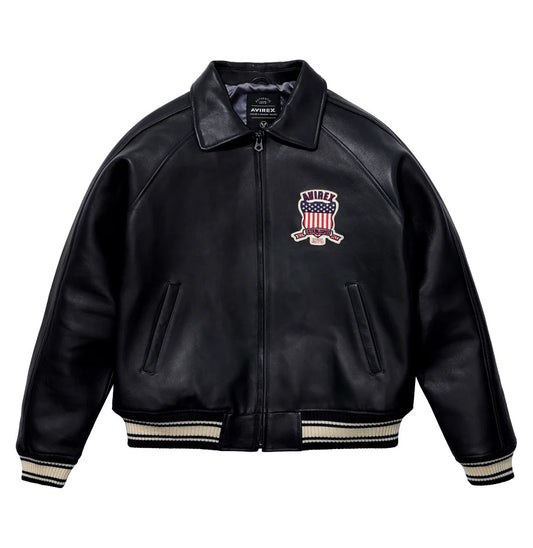 Avirex-Inspired Black Leather Varsity Jacket | Premium Genuine Leather Bomber Jacket