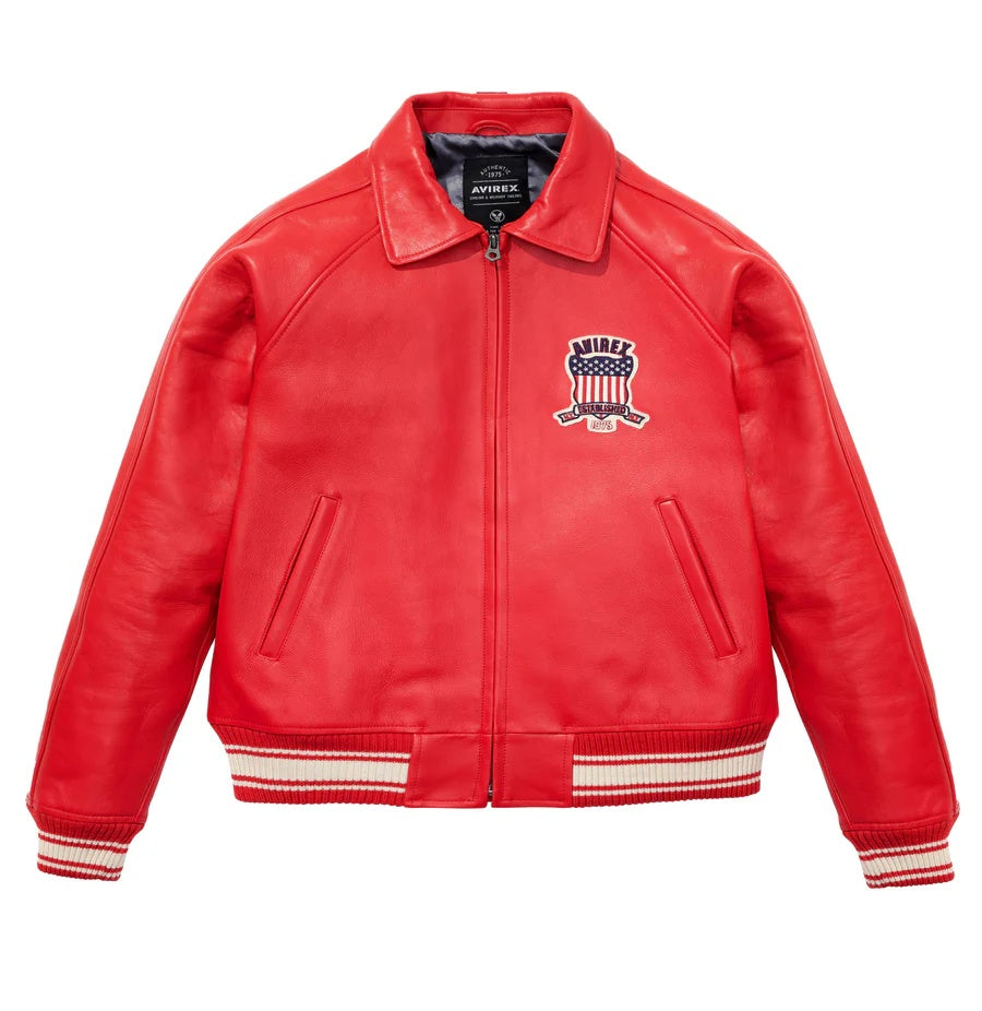 Avirex-Inspired Red Leather Varsity Jacket for Men | Premium Genuine Leather Bomber Jacket