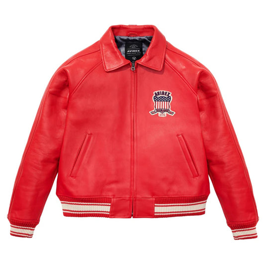 Avirex-Inspired Red Leather Varsity Jacket for Men | Premium Genuine Leather Bomber Jacket