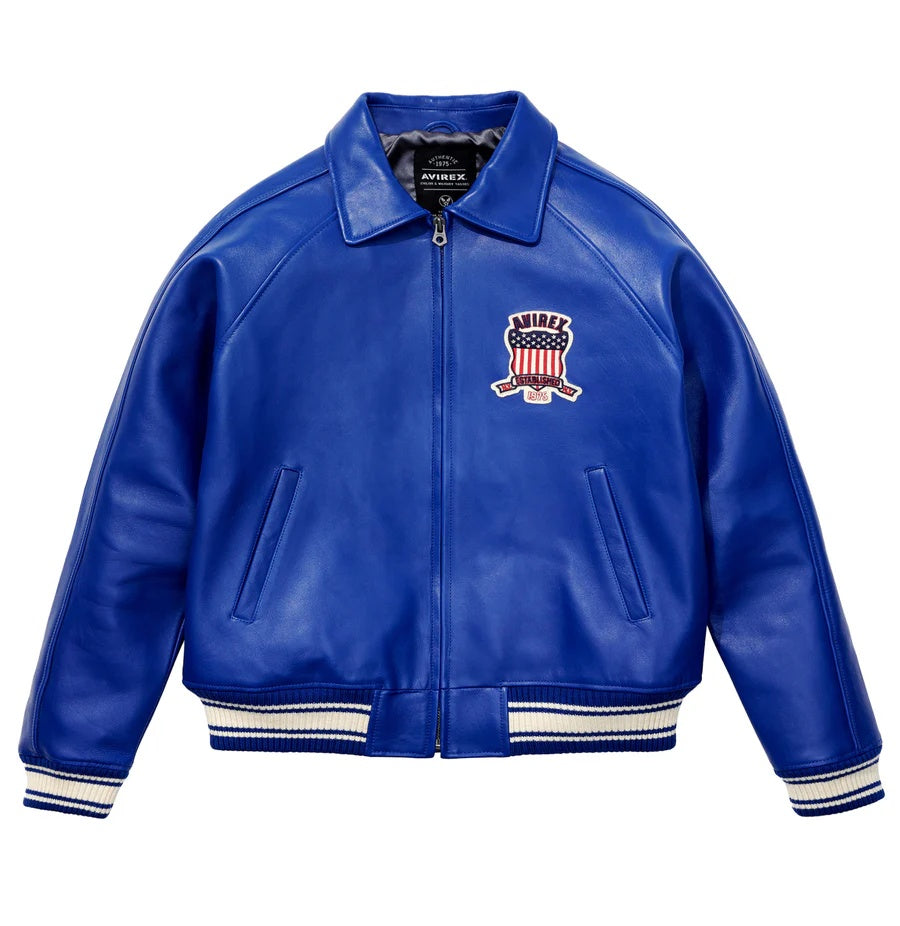Avirex-Inspired Blue  Leather Varsity Jacket | Premium Genuine Leather Bomber Jacket