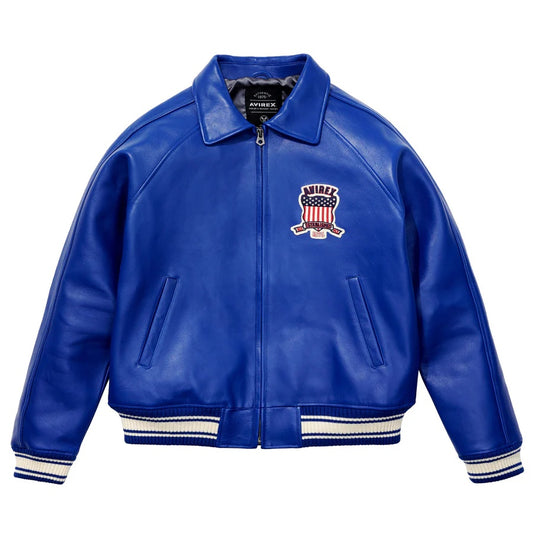 Avirex-Inspired Blue  Leather Varsity Jacket | Premium Genuine Leather Bomber Jacket
