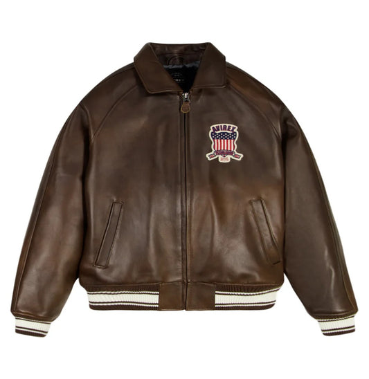 Avirex-Inspired Brown Leather Varsity Jacket| Premium Genuine Leather Bomber Jacket