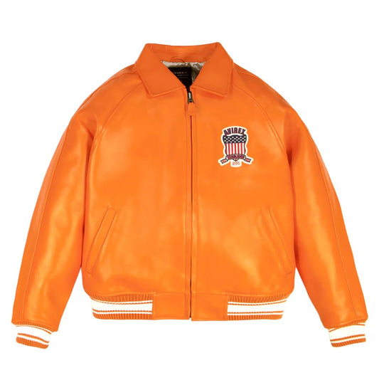 Avirex-Inspired Orange Leather Varsity Jacket for Men | Premium Genuine Leather Bomber Jacket