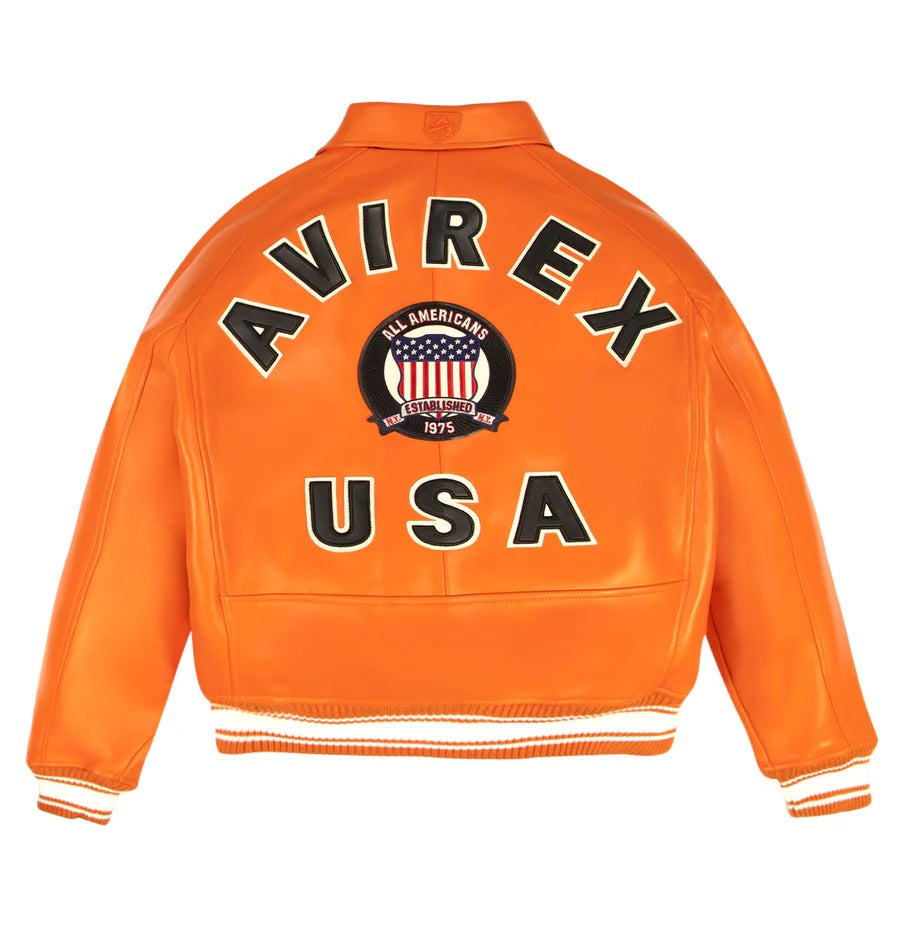 Avirex-Inspired Orange Leather Varsity Jacket for Men | Premium Genuine Leather Bomber Jacket