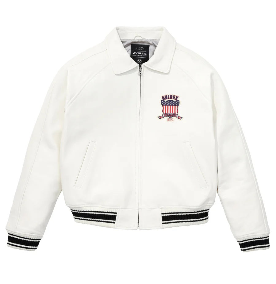 Avirex-Inspired White Leather Varsity Jacket| Premium Genuine Leather Bomber Jacket