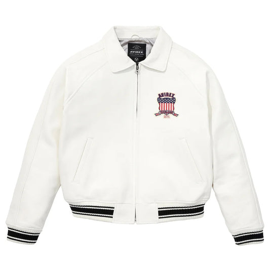 Avirex-Inspired White Leather Varsity Jacket| Premium Genuine Leather Bomber Jacket