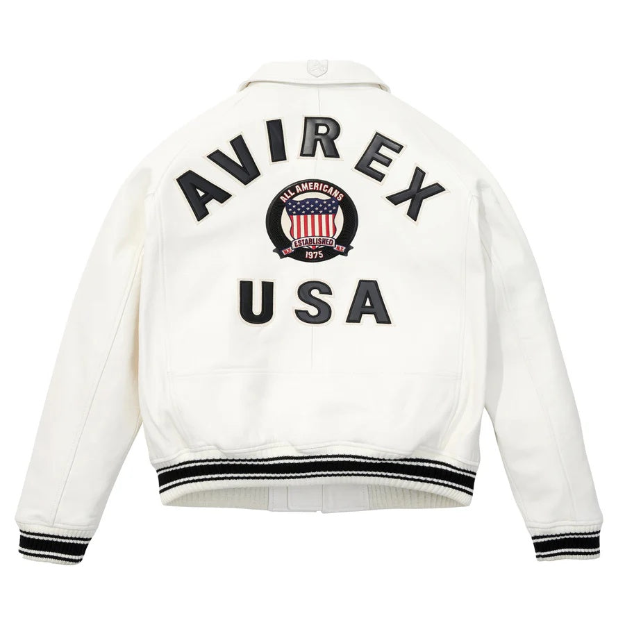 Avirex-Inspired White Leather Varsity Jacket| Premium Genuine Leather Bomber Jacket