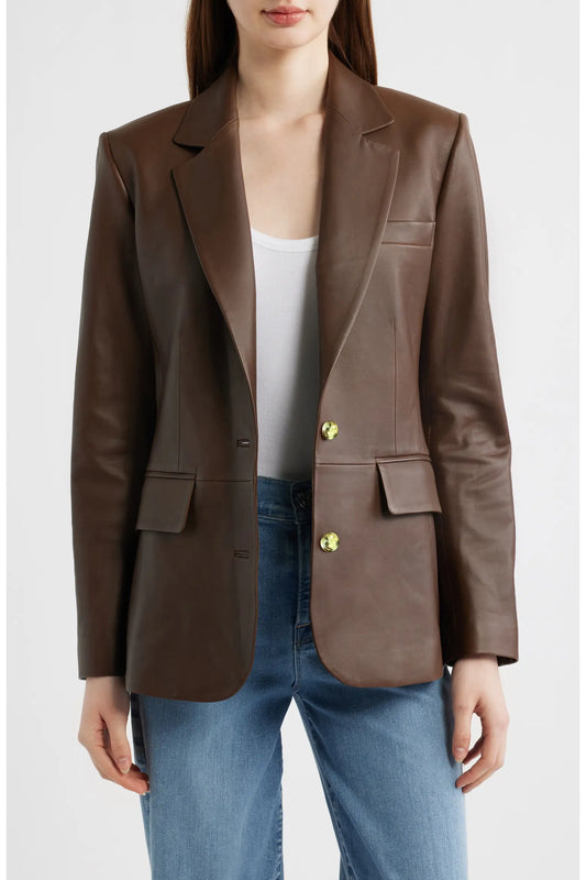 Women's Brown Real Leather Blazer | Premium Genuine Leather Tailored Jacket