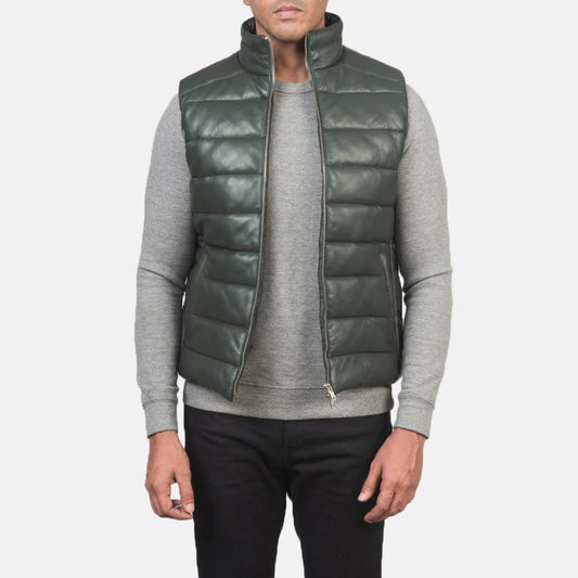 Reeves Green Leather Puffer Vest for Men | Premium Genuine Leather Quilted Vest