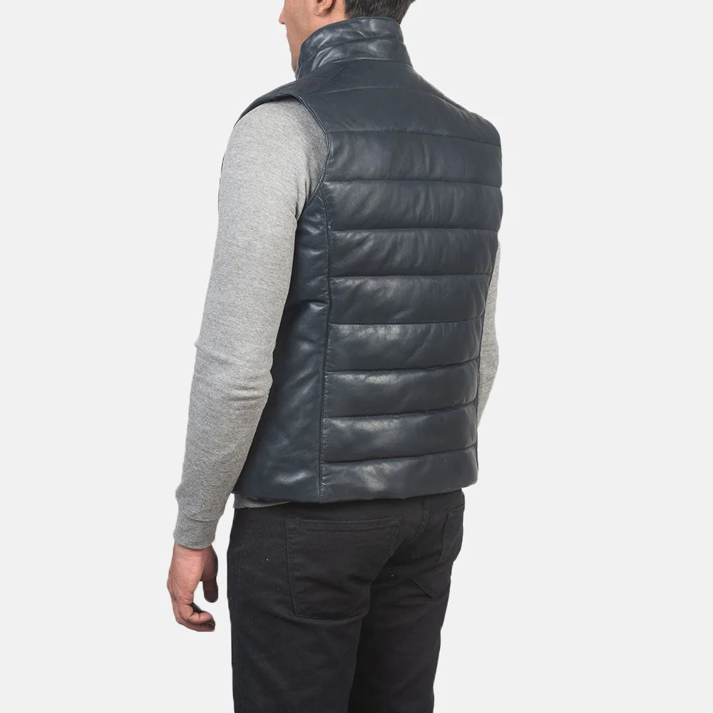 Reeves Blue Leather Puffer Vest for Men | Premium Genuine Leather Quilted Vest