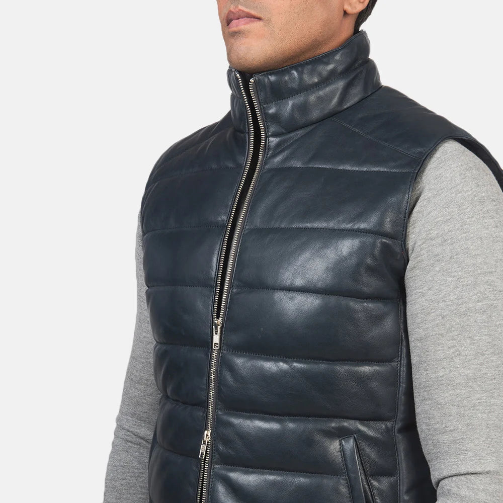 Reeves Blue Leather Puffer Vest for Men | Premium Genuine Leather Quilted Vest
