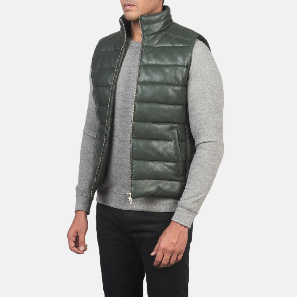 Reeves Green Leather Puffer Vest for Men | Premium Genuine Leather Quilted Vest