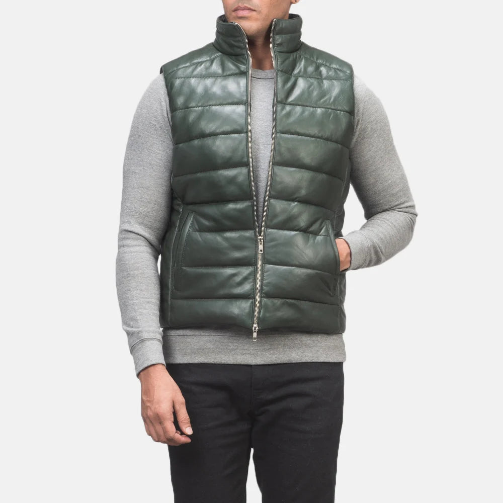 Reeves Green Leather Puffer Vest for Men | Premium Genuine Leather Quilted Vest