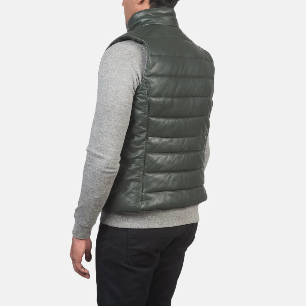 Reeves Green Leather Puffer Vest for Men | Premium Genuine Leather Quilted Vest