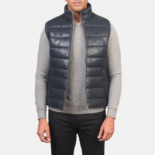 Reeves Blue Leather Puffer Vest for Men | Premium Genuine Leather Quilted Vest