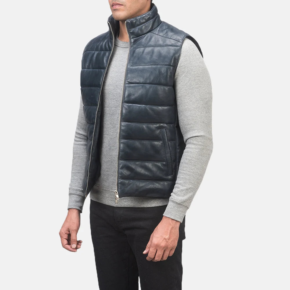 Reeves Blue Leather Puffer Vest for Men | Premium Genuine Leather Quilted Vest