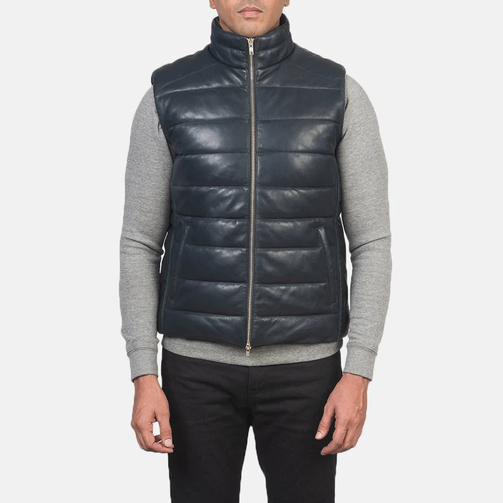 Reeves Blue Leather Puffer Vest for Men | Premium Genuine Leather Quilted Vest