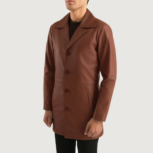 Classmith Brown Leather Coat for Men | Premium Genuine Leather Long Coat