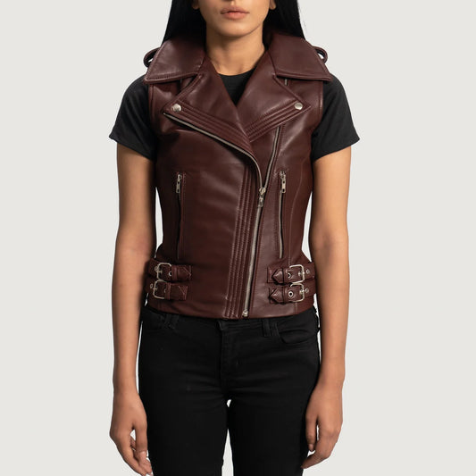 Rhonda Maroon Leather Biker Vest for Women | Premium Genuine Sheepskin Leather Vest