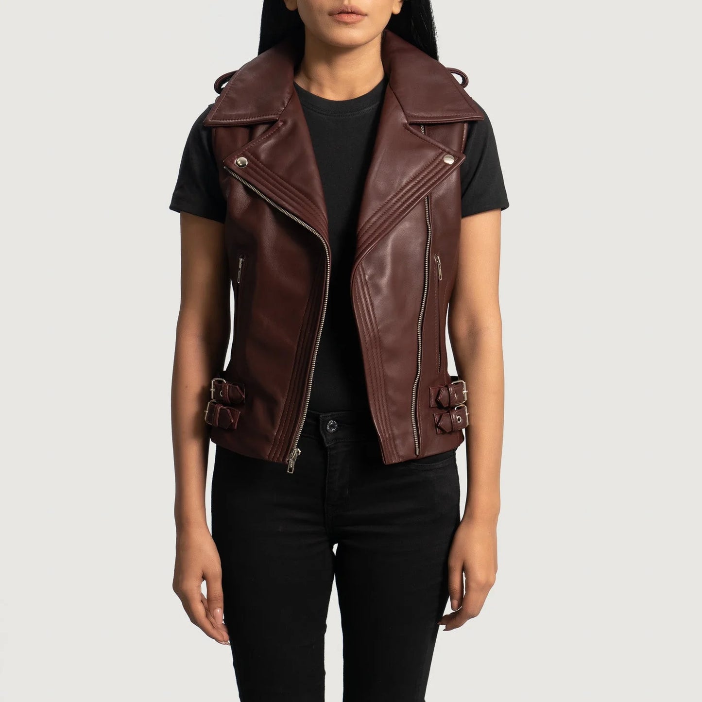 Rhonda Maroon Leather Biker Vest for Women | Premium Genuine Sheepskin Leather Vest