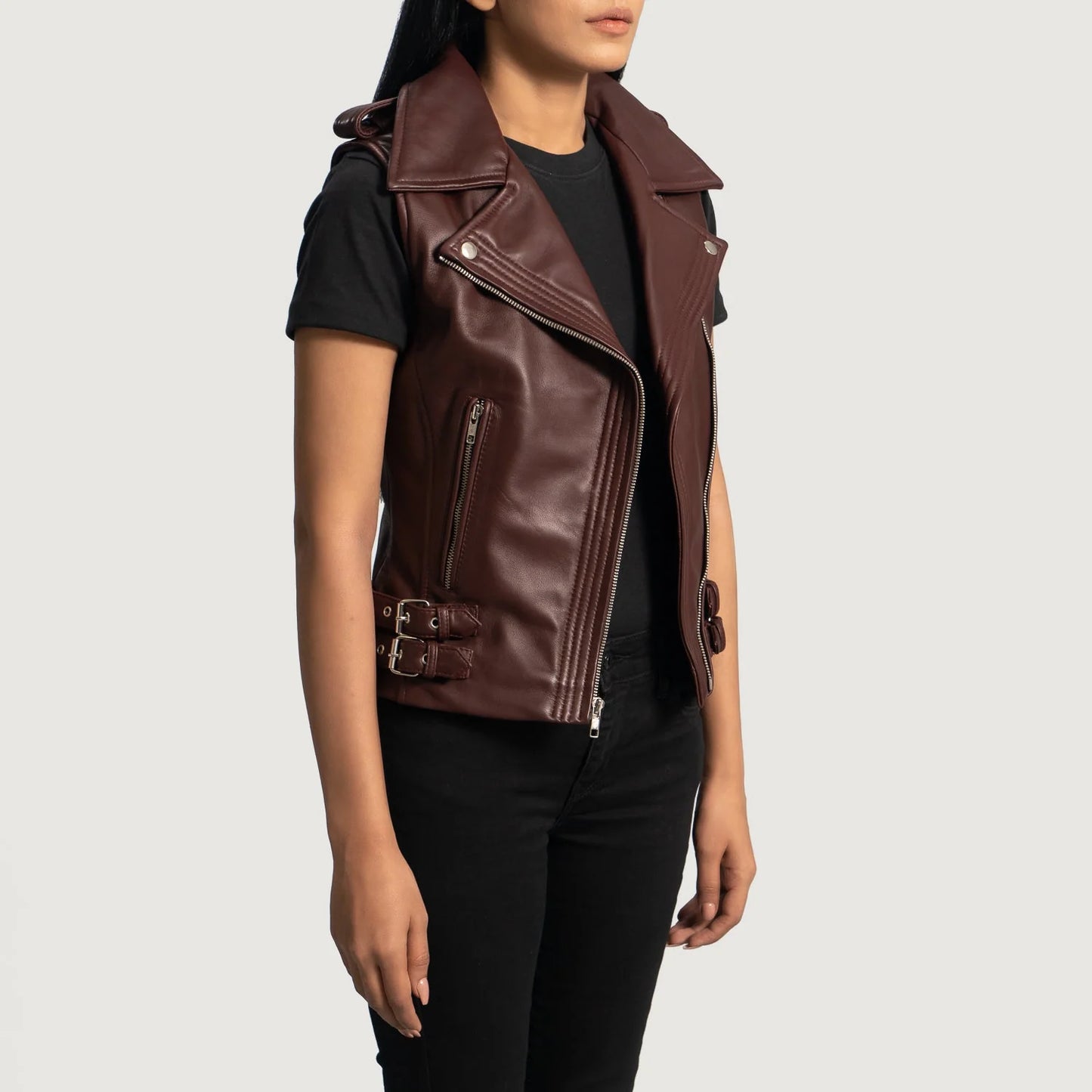 Rhonda Maroon Leather Biker Vest for Women | Premium Genuine Sheepskin Leather Vest