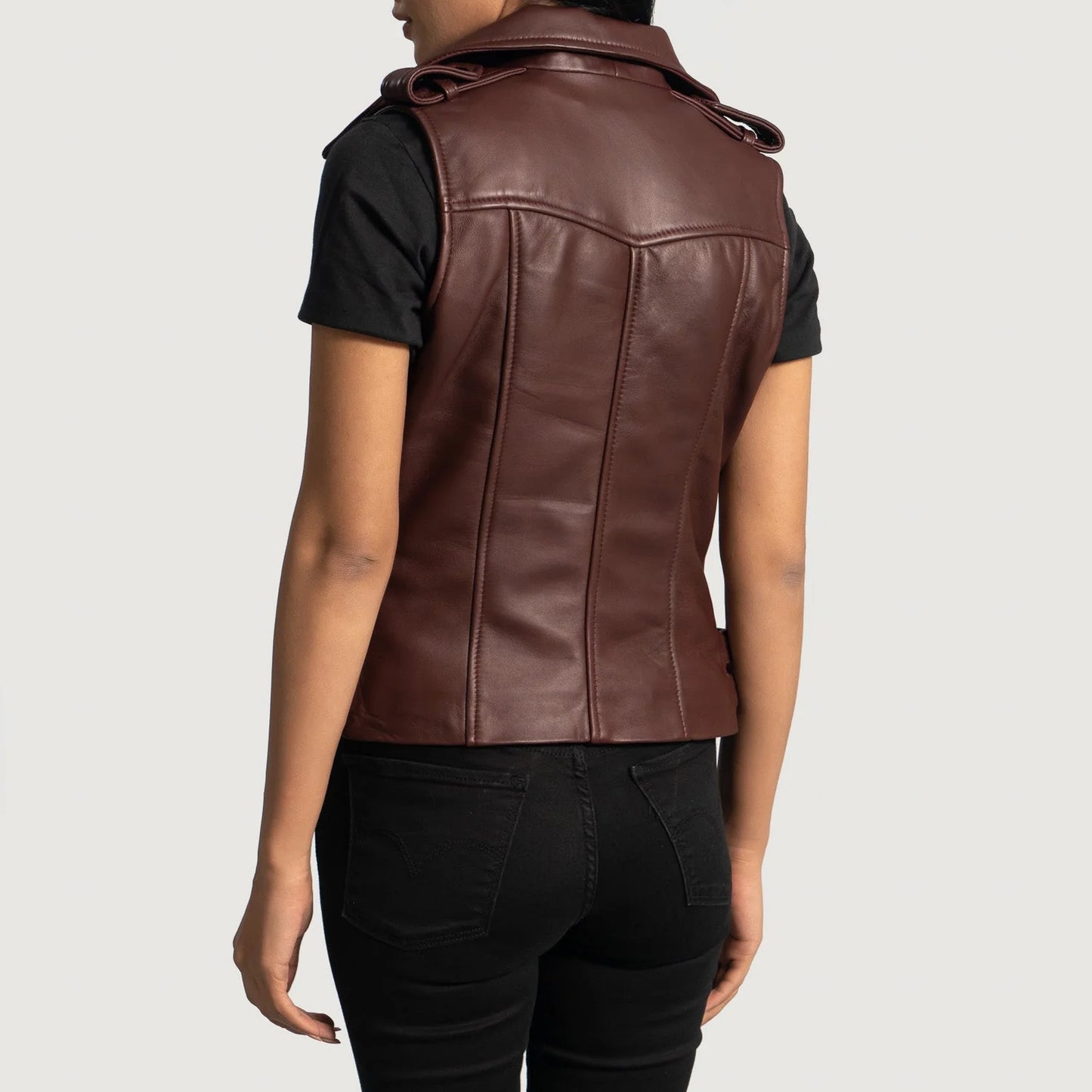 Rhonda Maroon Leather Biker Vest for Women | Premium Genuine Sheepskin Leather Vest