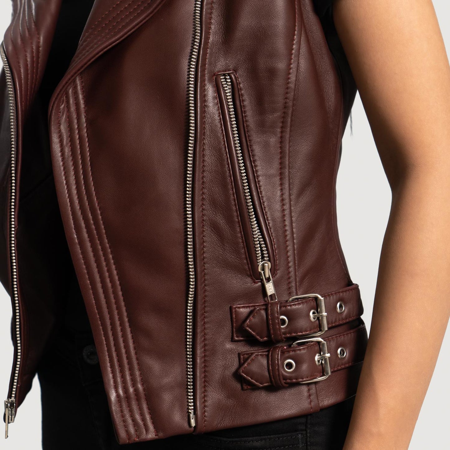 Rhonda Maroon Leather Biker Vest for Women | Premium Genuine Sheepskin Leather Vest