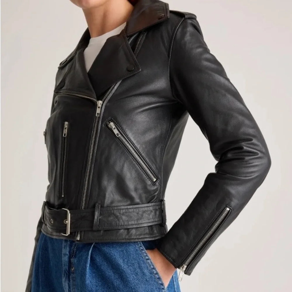 Black Leather Belted Moto Jacket for Women