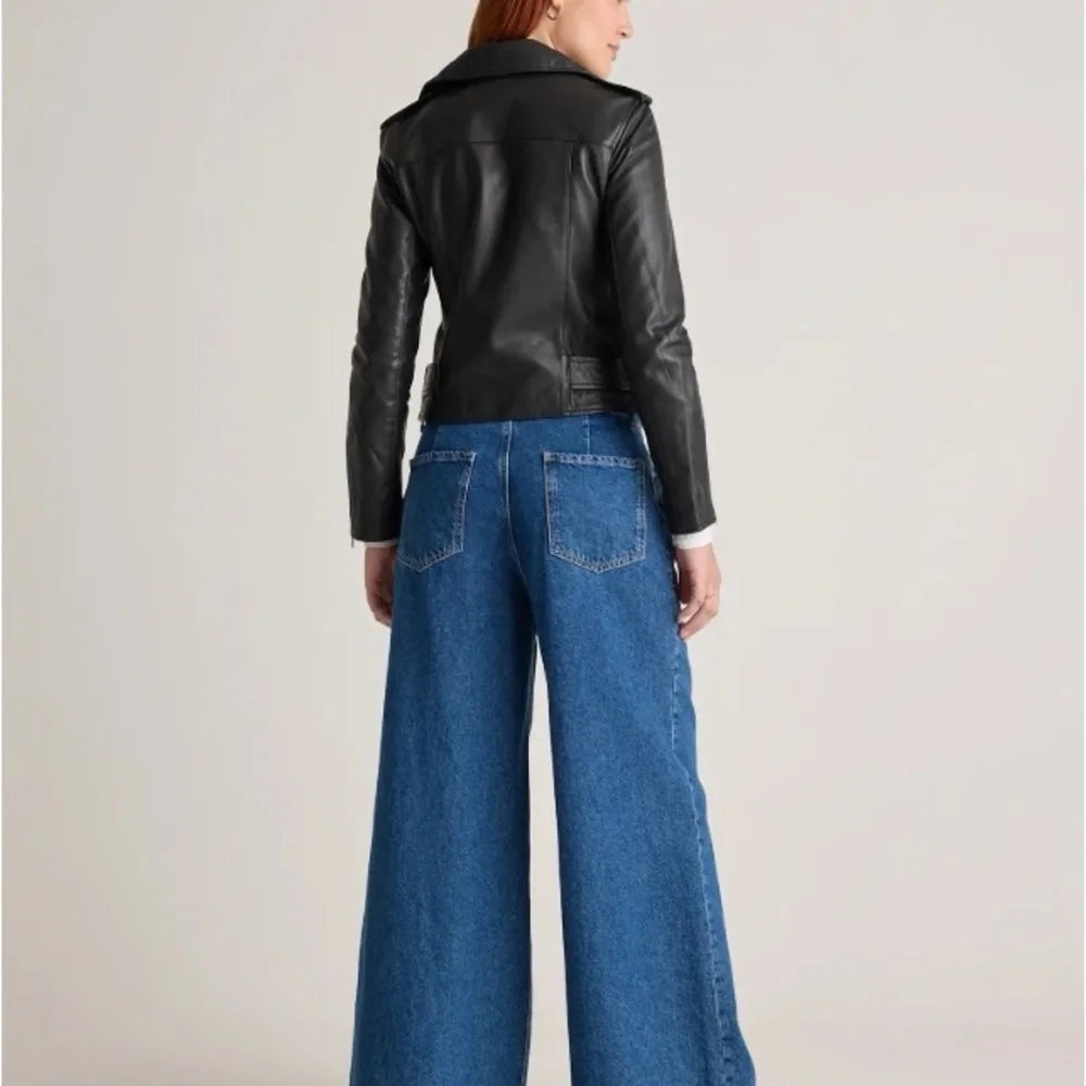 Black Leather Belted Moto Jacket for Women