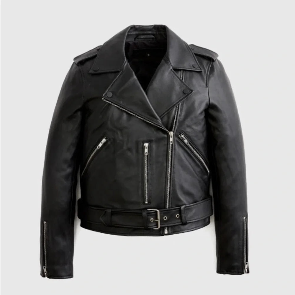 Black Leather Belted Moto Jacket for Women
