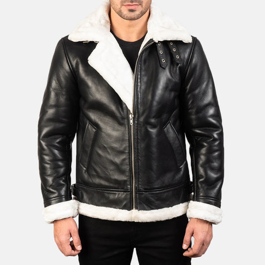 Francis B-3 Black & White Leather Bomber Jacket for Men | Premium Shearling Aviator Jacket