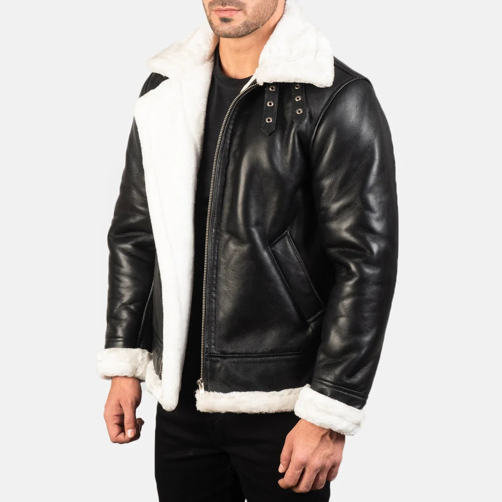 Francis B-3 Black & White Leather Bomber Jacket for Men | Premium Shearling Aviator Jacket