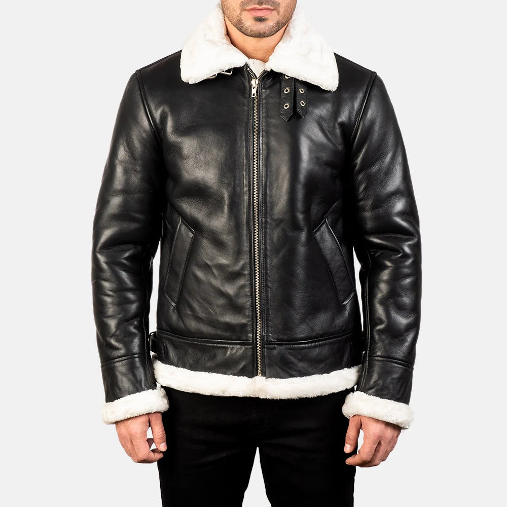 Francis B-3 Black & White Leather Bomber Jacket for Men | Premium Shearling Aviator Jacket