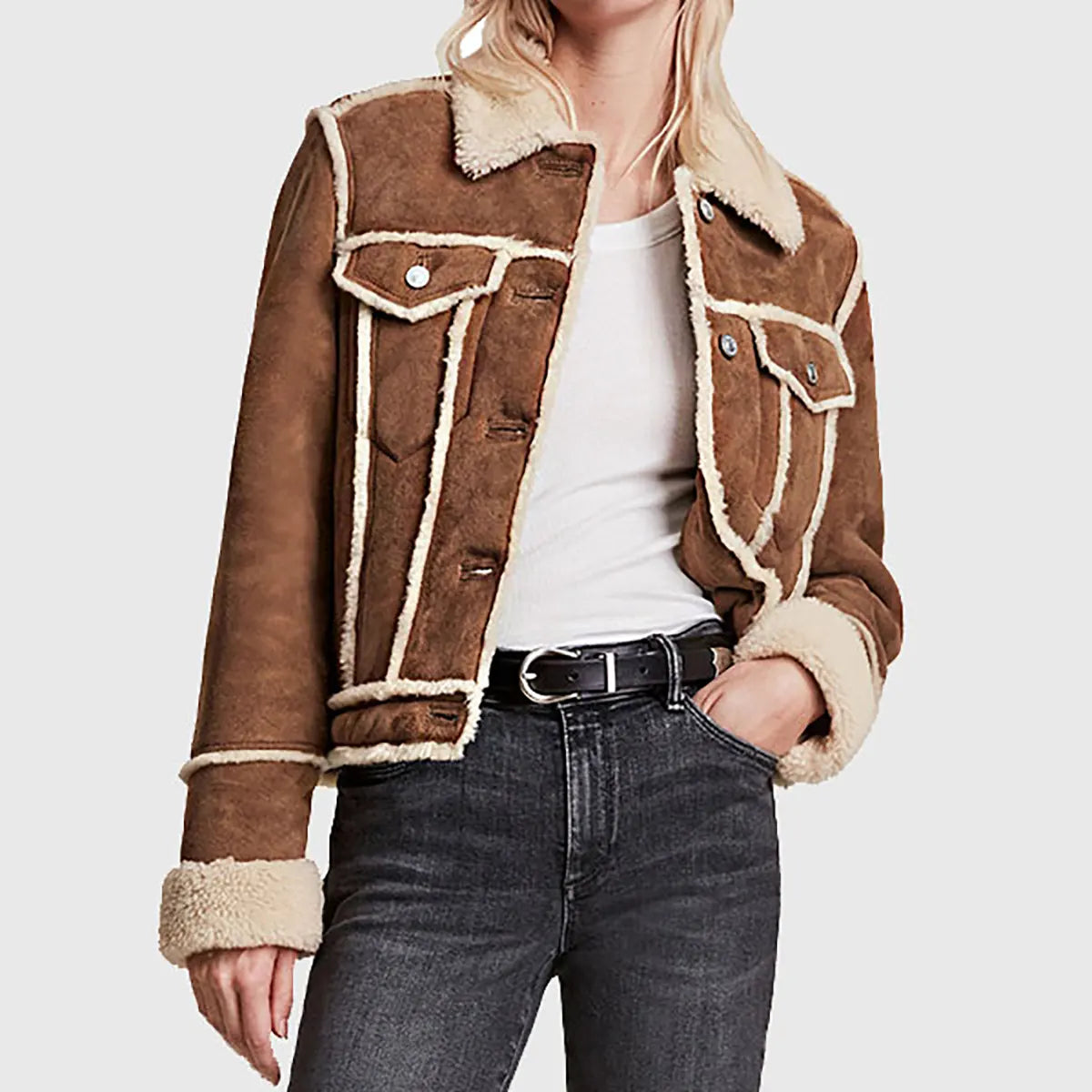 Laura Women's Brown Shearling Leather Trucker Jacket | Premium Winter Coat